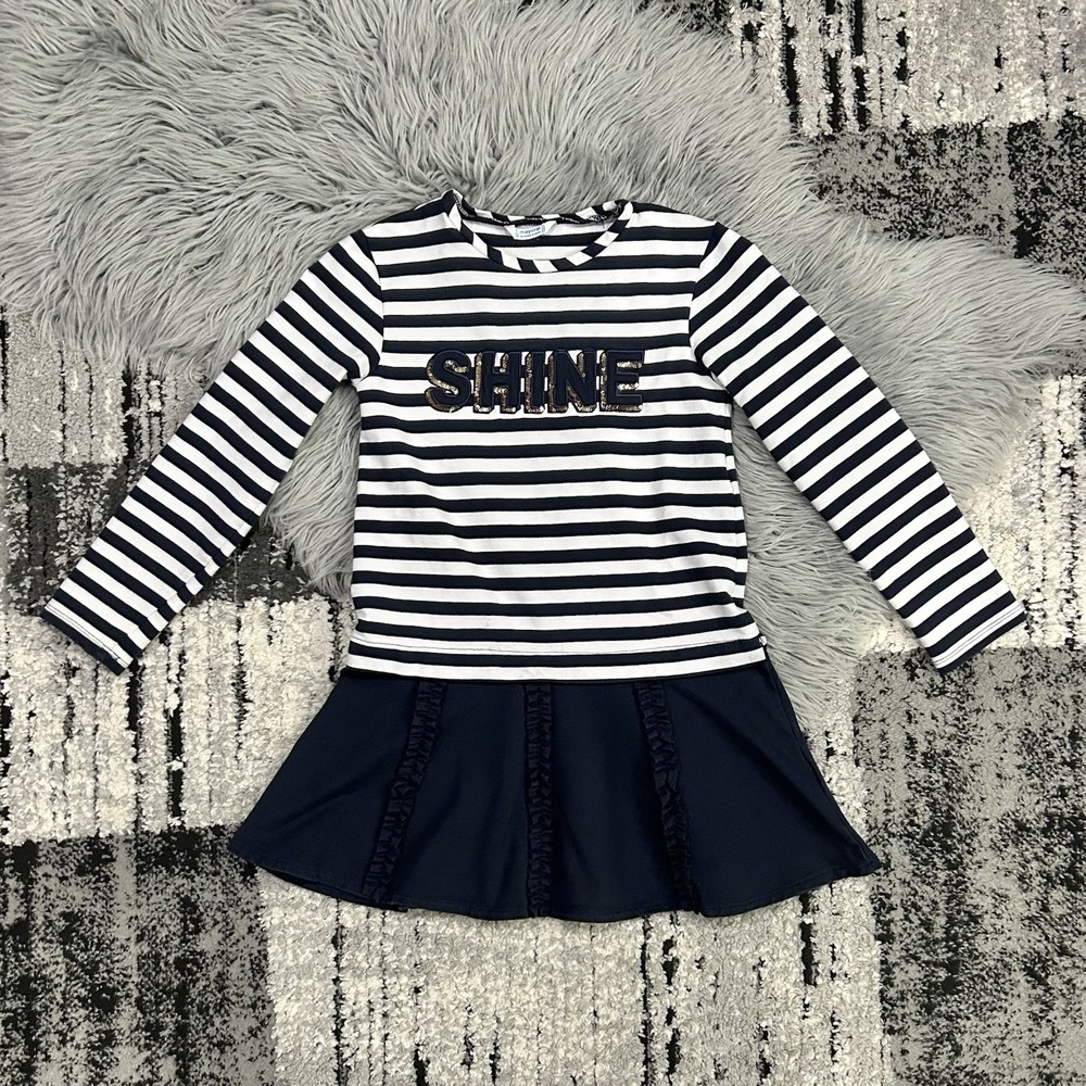 Mayoral Girls Navy And White Stripe "Shine" Long Sleeve Dress Size 7